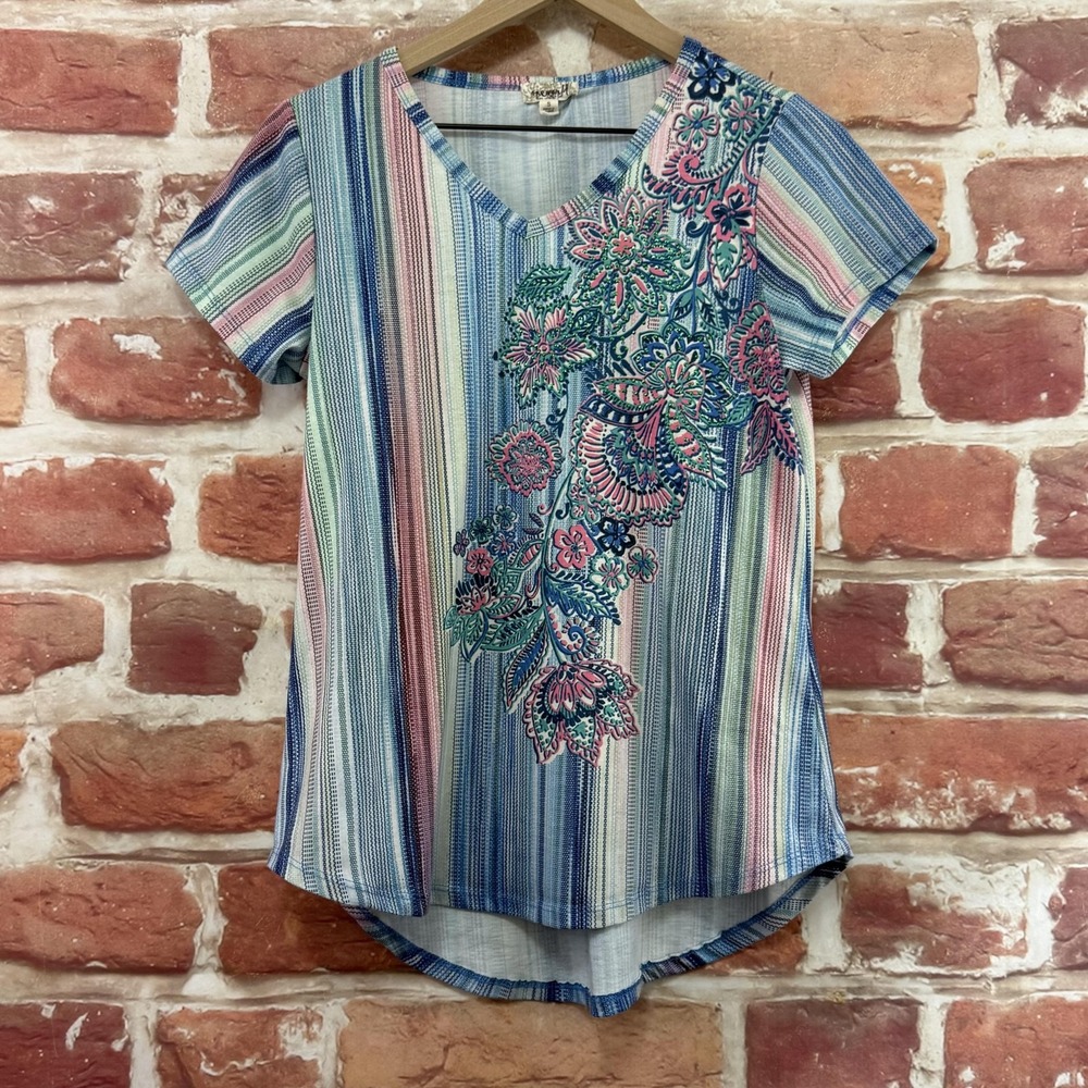 One World Top Women's S Multicolor Boho Floral Striped Rhinestone Casual Shirt
